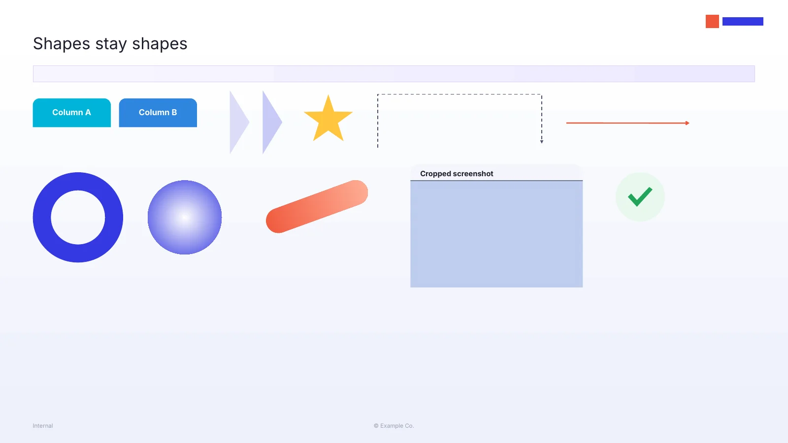 Exported test slide with buttons, chevrons, a star, a donut, a gradient circle, an arrow and a cropped screenshot