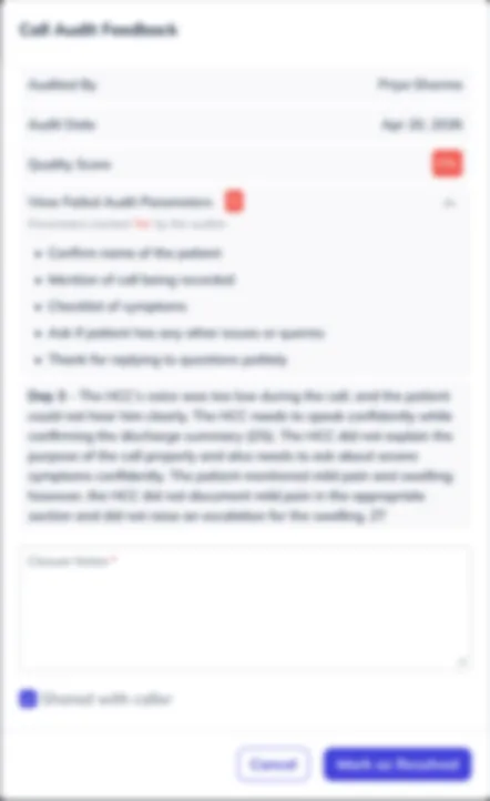 Second approach: a side drawer for one audited call with failed parameters, the auditor comment, a required closure note and a Shared with caller checkbox