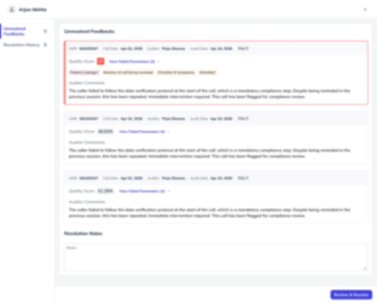 One caller view with three unresolved feedbacks showing quality score, failed parameter tags and auditor comments, a resolution notes box and a Review and Resolve button