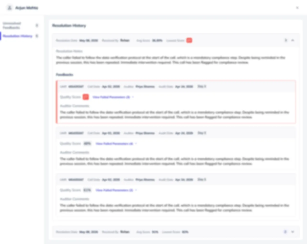 Resolution history showing a past resolution with date, who resolved it, scores, resolution notes and the feedbacks it covered