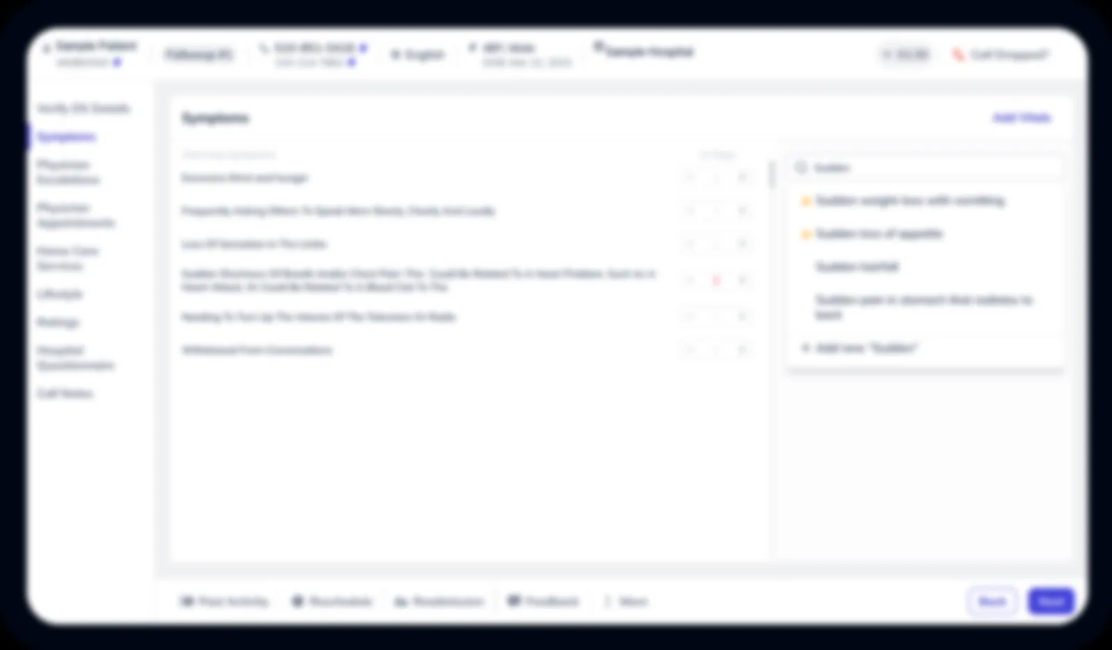 In-call screen with a checklist on the left and the patient bar on top