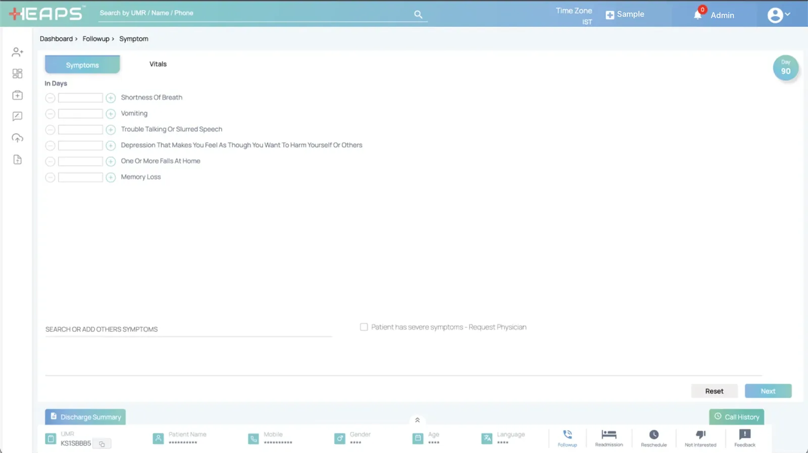 The old in-call Symptoms screen with tabs, a collapsed patient bar and small action icons at the bottom