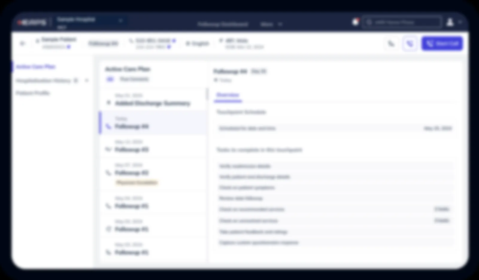 Past Activity screen with the Active Care Plan timeline, True Connects filter, a Physician Escalation tag and the tasks for this touchpoint