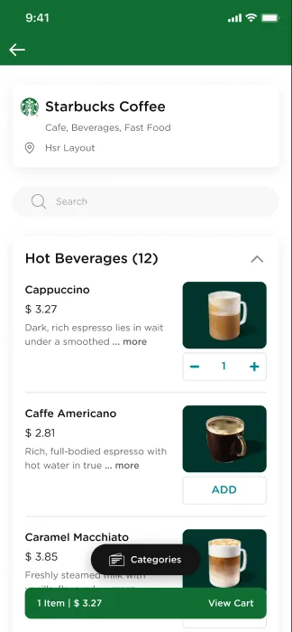 Store menu with Add buttons and a View Cart bar