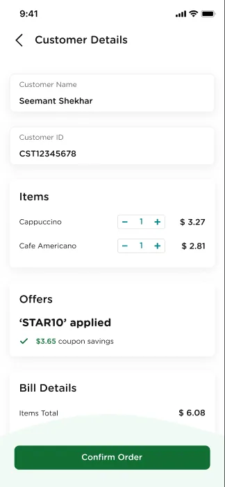 Merchant order screen with a Confirm Order button