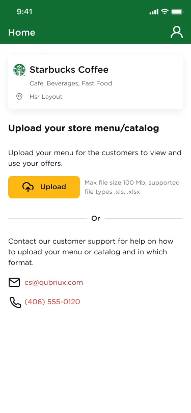 Merchant home asking to upload the menu as an Excel file