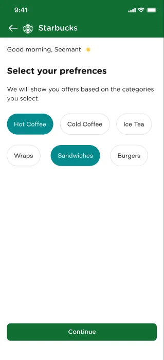 Store screen asking for preferences