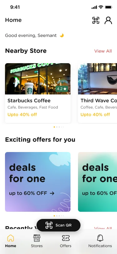 Qffer shopper home with nearby stores and a Scan QR button