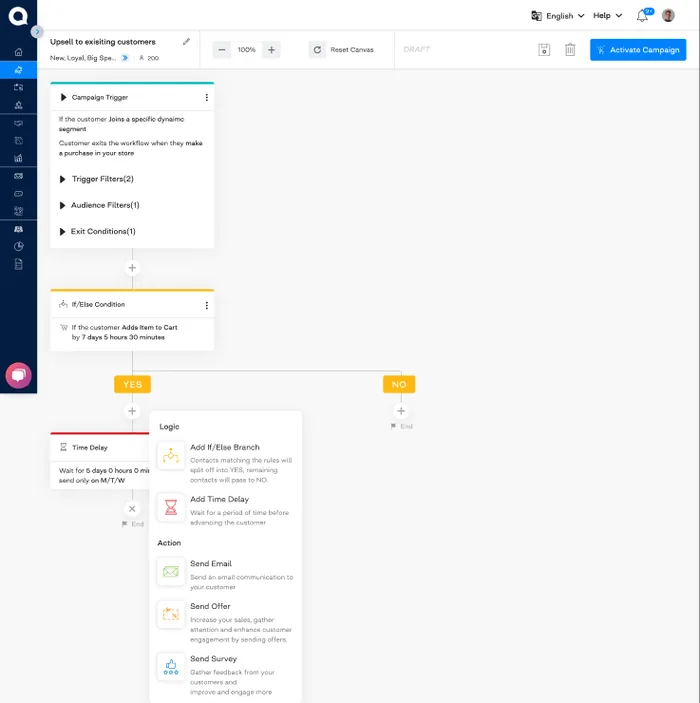 Campaign 3.0 flow with an If/Else condition and a menu opened inline at the plus button