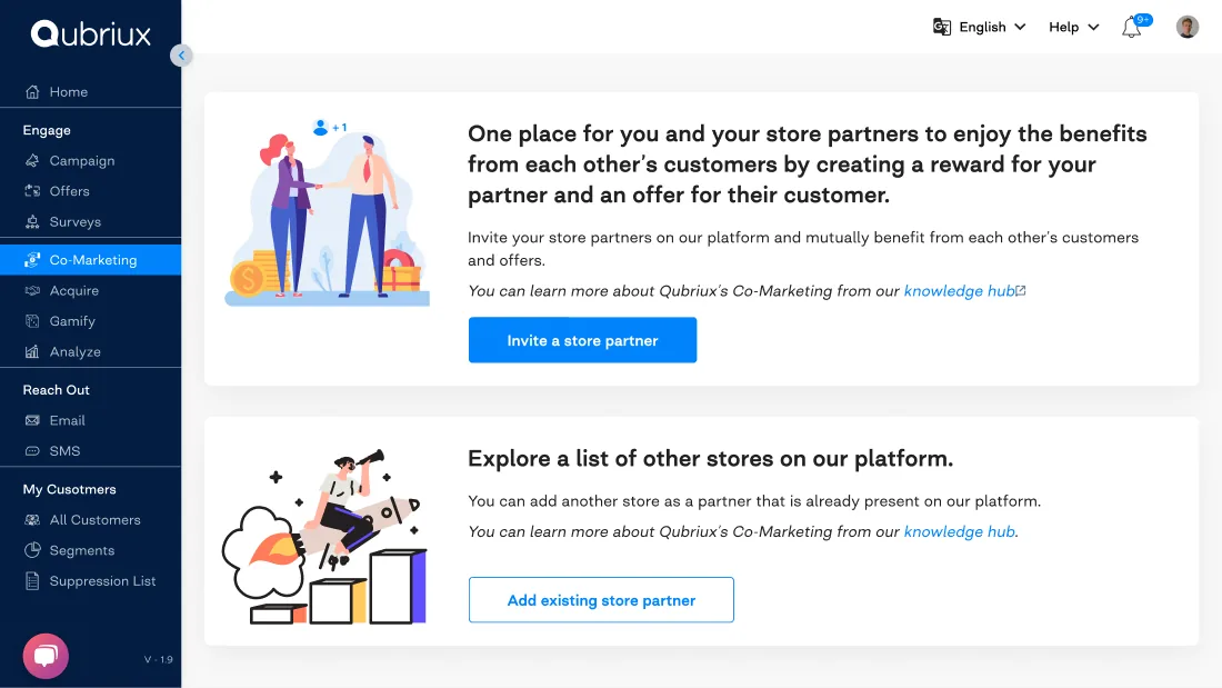 Co-Marketing empty state with two options: invite a store partner, or add an existing one