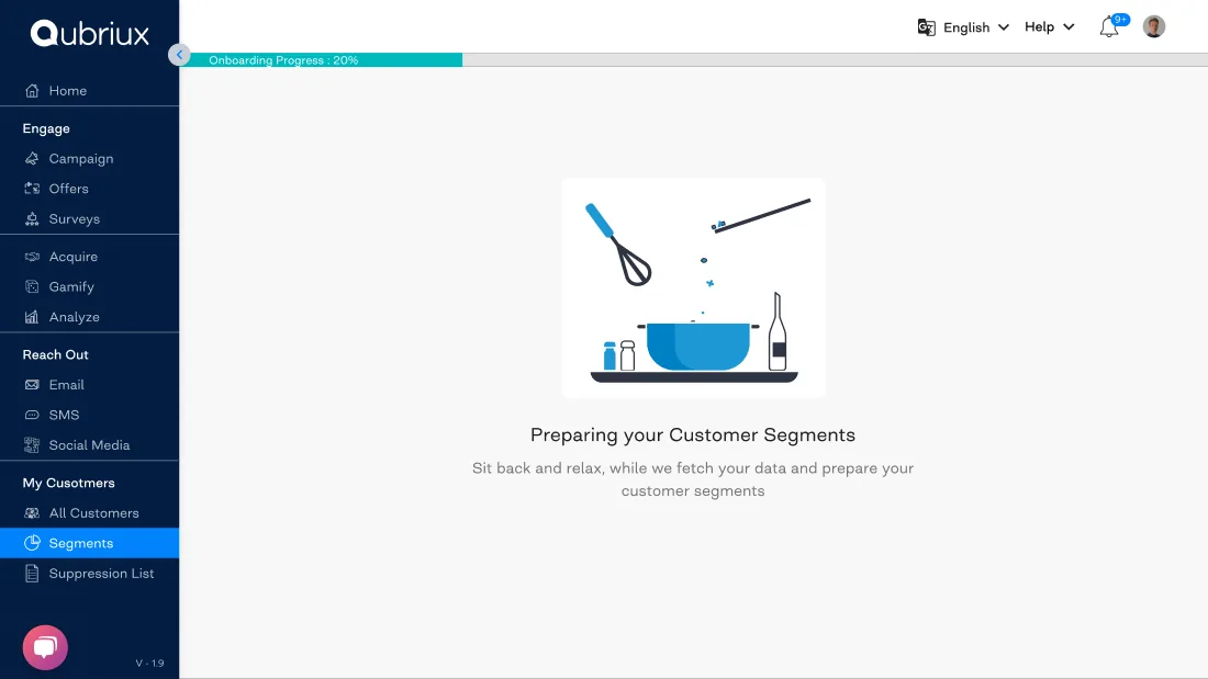 Old Segments page fully blocked by an illustration and the message Preparing your Customer Segments, sit back and relax
