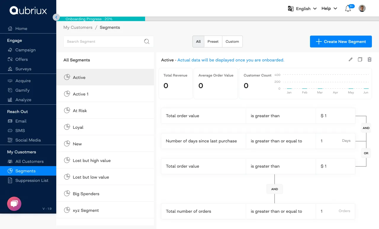 Qubriux Segments page during onboarding with preset segments, a note that actual data shows once onboarded, and a progress bar at 20 percent